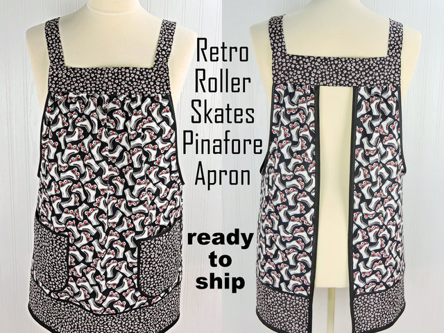 SHIPS FAST Retro Roller Skates Pinafore Apron with no ties, relaxed fit smock with pockets, fun hostess apron fits L/XL/2X, ready to ship now