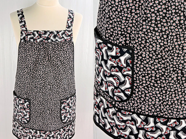 SHIPS FAST Daisies and Roller Skates Pinafore Apron with no ties, relaxed fit smock with pockets, fun hostess apron fits L/XL/2X, ready to ship now