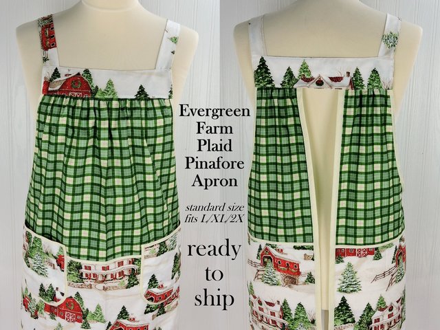SHIPS FAST~ Evergreen Farm Plaid Pinafore with no ties, ooak relaxed fit smock with pockets, Snowy Winter Scene Apron fits L/XL/2X