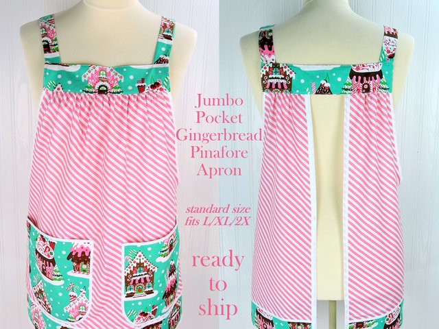 SHIPS FAST Jumbo Pocket Gingerbread Pinafore with no ties, relaxed fit smock with pockets, Christmas Hostess Apron fits L/XL/2X