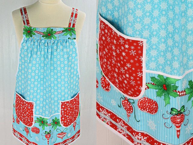 SHIPS FAST Christmas Wishes Pinafore with no ties, relaxed fit smock with pockets, retro aqua and red holiday apron fits L/XL/2X