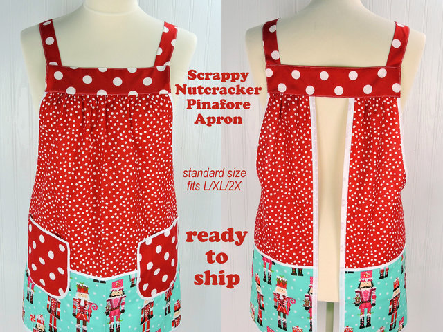 SHIPS FAST Scrappy Nutcracker Pinafore with no ties, relaxed fit smock with pockets, color-blocked Christmas Apron fits L/XL/2X