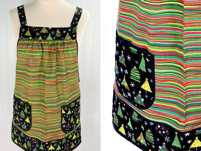 SHIPS FAST Christmas Trees on stripe Pinafore with no ties, relaxed fit smock with pockets fits L/XL/2X, one of a kind holiday apron
