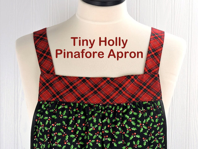 SHIPS FAST Tiny Holly Pinafore with no ties, relaxed fit smock with pockets, Holly and Plaid Christmas Apron, standard size fits L/XL/2X