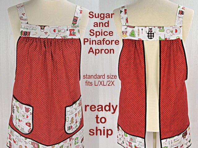 SHIPS FAST Sugar & Spice Pinafore with no ties, relaxed fit smock with pockets, Christmas baking apron fits L/XL/2X, Grandmacore Holiday