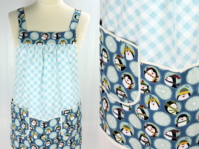 SHIPS FAST Penguin Friends Pinafore with no ties, relaxed fit smock with pockets, cute Christmas Apron, standard size fits L/XL/2X