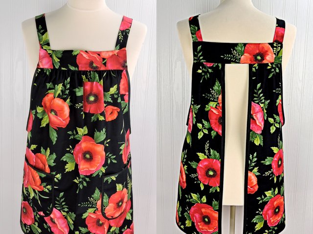 SHIPS FAST Poppy Panache on black Pinafore Apron, relaxed fit smock with pockets fits L/XL/2X, pretty kitchen apron, ready to ship