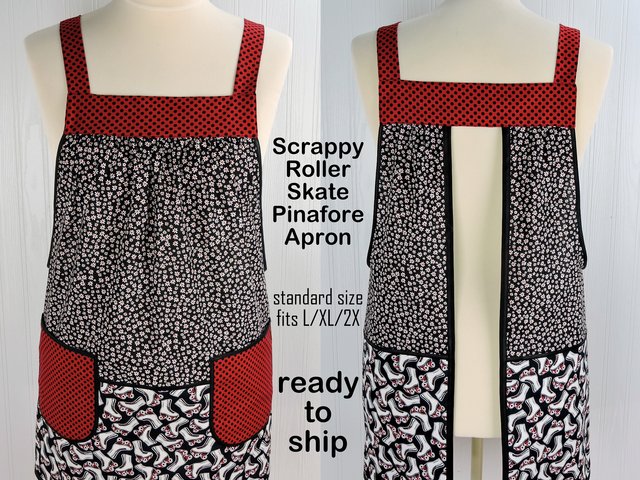 SHIPS FAST Scrappy Roller Skates Pinafore Apron with no ties, relaxed fit smock with pockets, fun kitchen apron fits L/XL/2X, ready to ship now