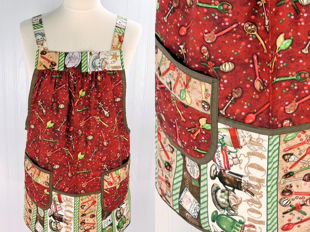 Hot Chocolate Scrapbuster Pinafore Apron with no ties, relaxed fit smock with pockets, OOAK Christmas plus size apron fits L-XL-2X