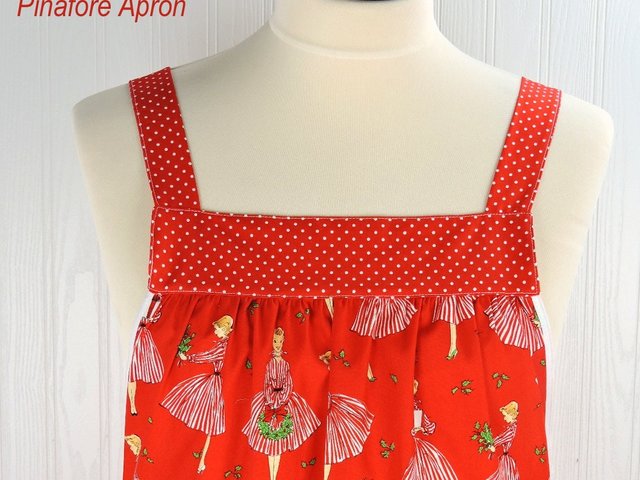 SHIPS FAST~ Retro Holiday Hostess Pinafore Apron with no ties, relaxed fit smock with pockets, red and white Christmas apron fits L/XL/2X