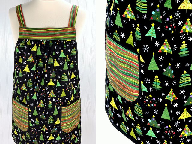 SHIPS FAST Christmas Trees on Black Pinafore with no ties, relaxed fit smock with pockets fits L/XL/2X, one of a kind holiday apron