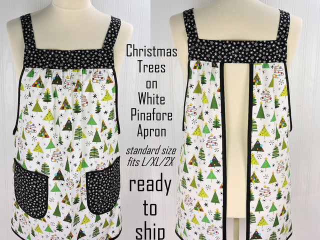 SHIPS FAST Christmas Trees on White Pinafore with no ties, relaxed fit smock with pockets fits L/XL/2X, one of a kind holiday apron