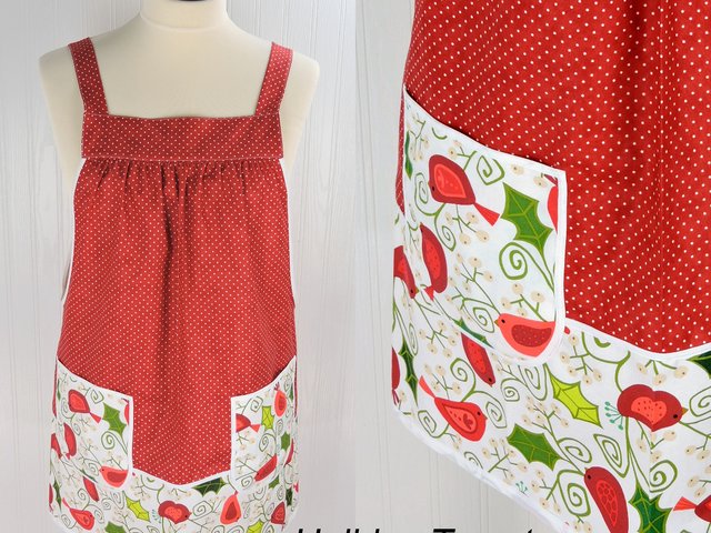SHIPS FAST Holiday Tweets Pinafore Apron with no ties, relaxed fit smock with pockets fits L/XL/2X, one of a kind holiday apron