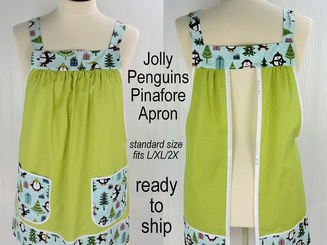 SHIPS FAST Jolly Penguins Pinafore Apron with no ties, relaxed fit smock with pockets, cute Christmas Apron fits L/XL/2X