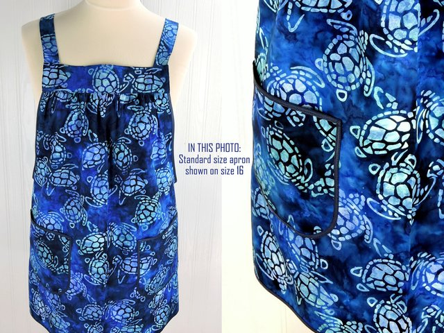 Sea Turtle Batik Pinafore Apron with no ties, relaxed fit smock apron with pockets, handmade-to-order XS - 5X, blue-purple-green watercolor