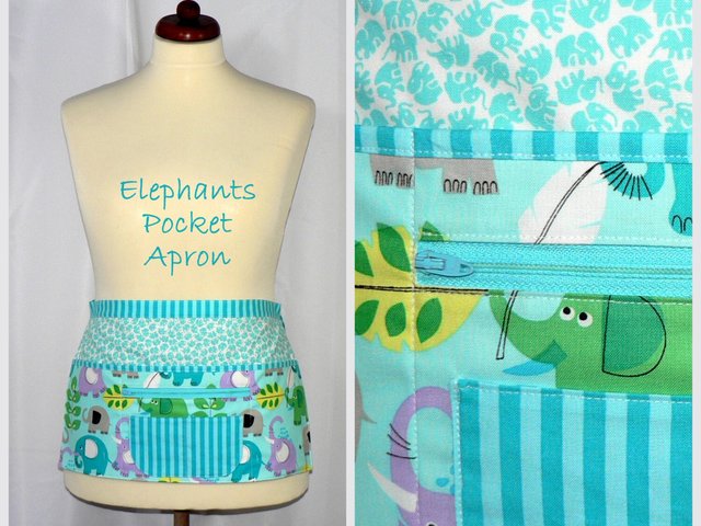 Elephants Multi-Pocket Apron great for waitress, vendor, photographer, cute teacher apron with money pocket, 2 sizes